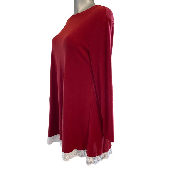 Red Tunic DRESS Long Sleeve Lace Hem Casual Lagenlook Loose Fit Cottagecore Boho - Picture 7 of 7